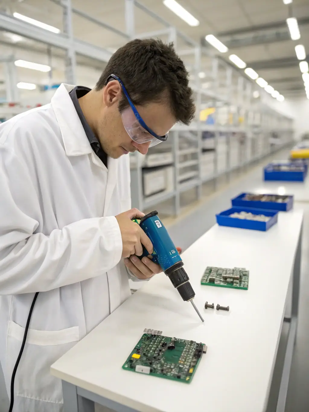 A technician carefully assembling a prototype embedded system on a workbench, showcasing the hands-on approach to testing and refinement.