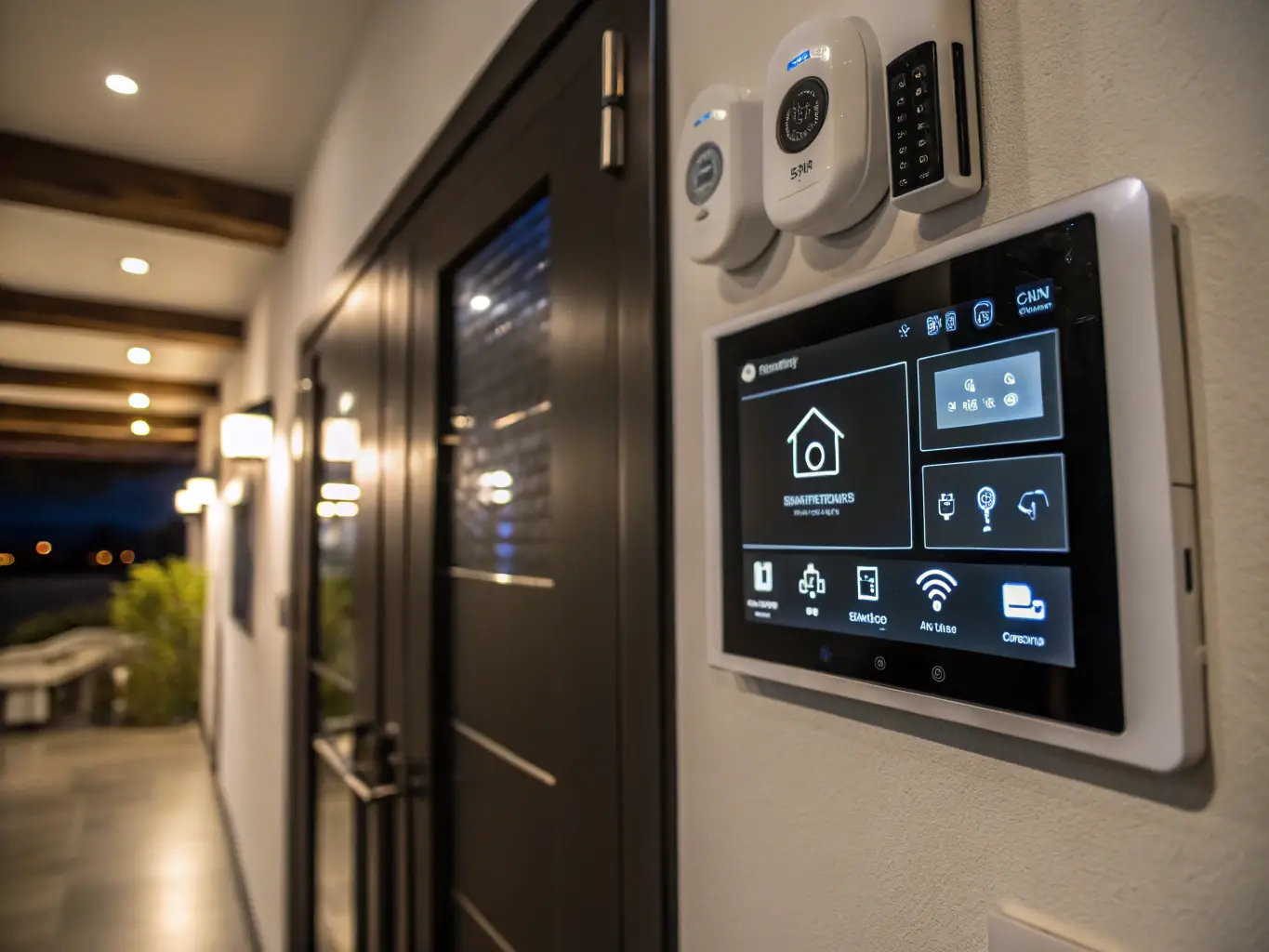 A visual representation of an integrated embedded system controlling various IoT devices in a smart home environment.